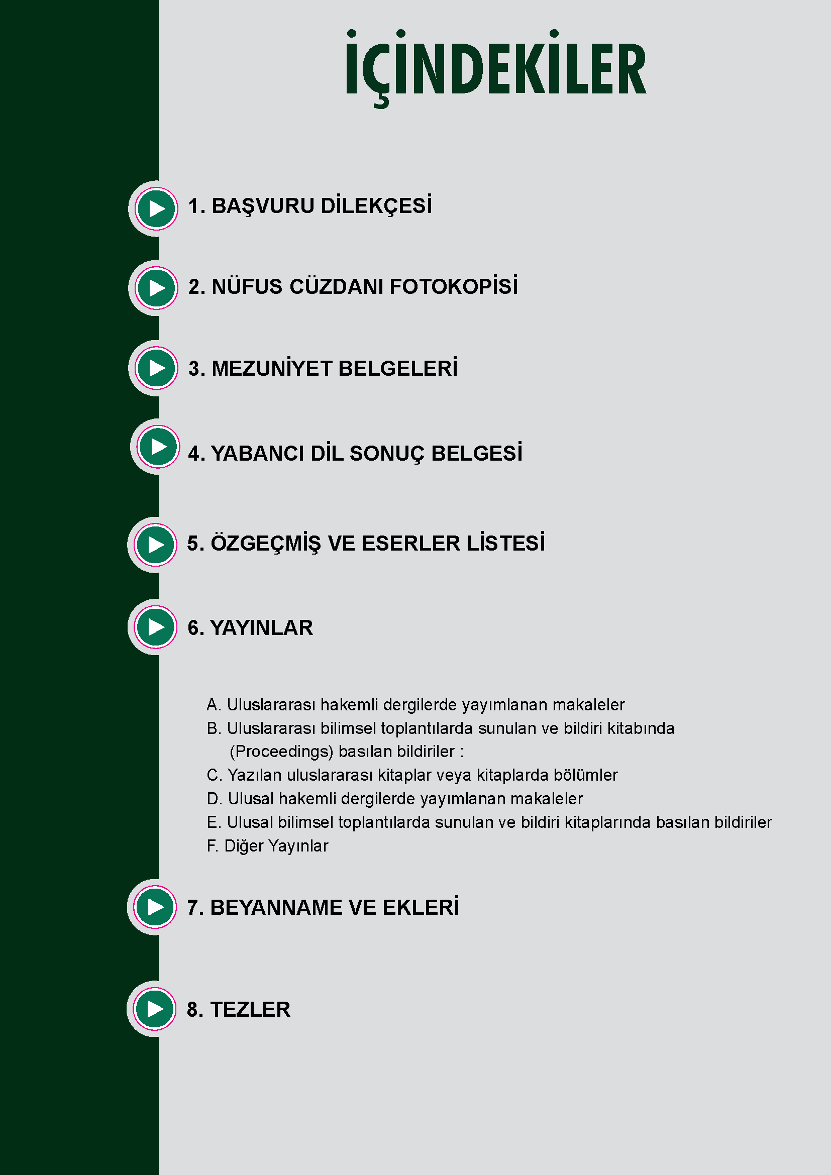 Tez-Mer Yrd. Doç / Doç / Profesörlük Dosyası Hazırlama İçindekiler